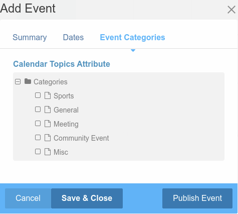 Add event modal, optional attribute set tab