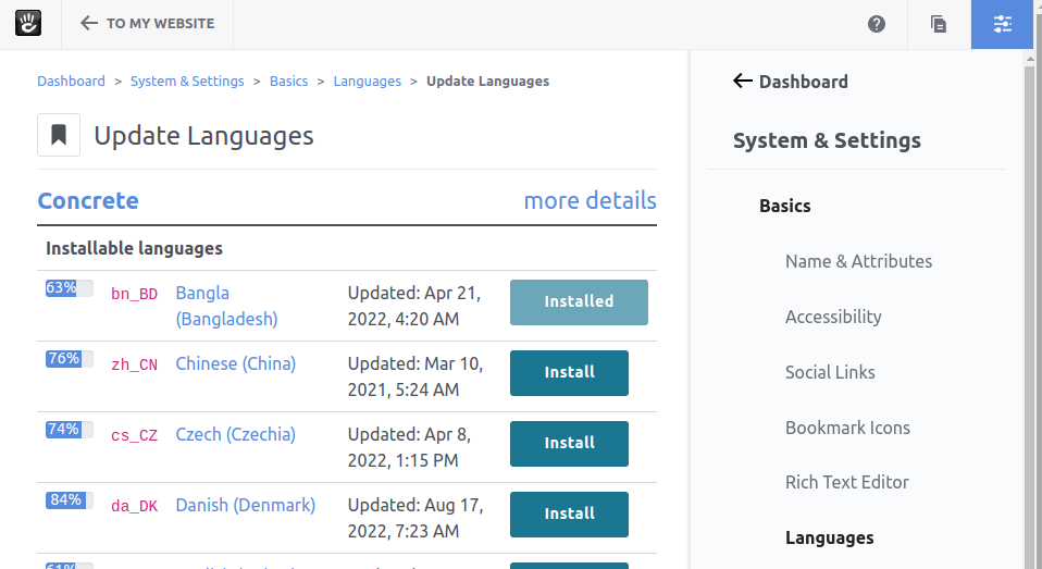 Dashboard > System & Settings > Basics > Languages > Update Languages page with installed languages