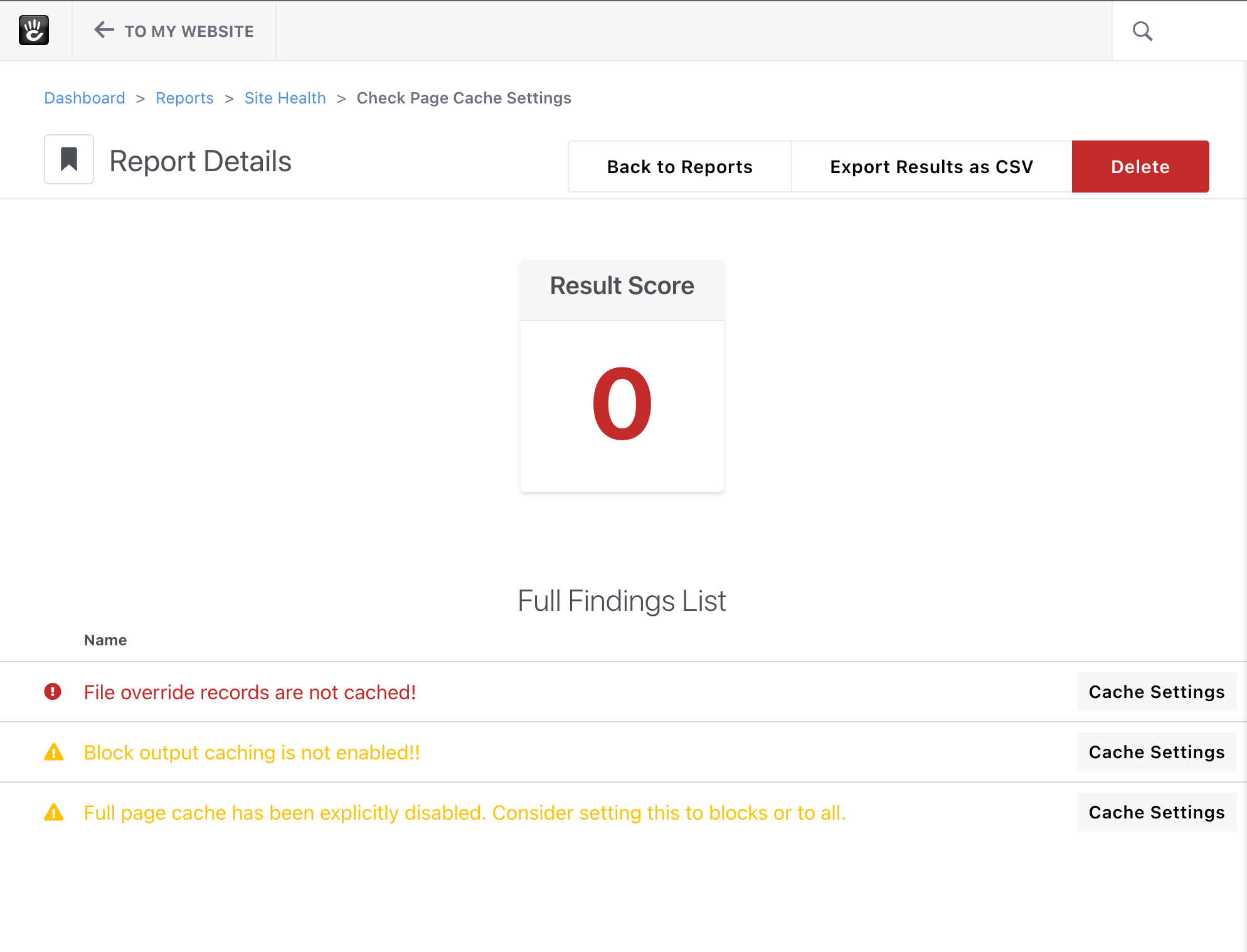 Concrete CMS Page Caching Settings Report