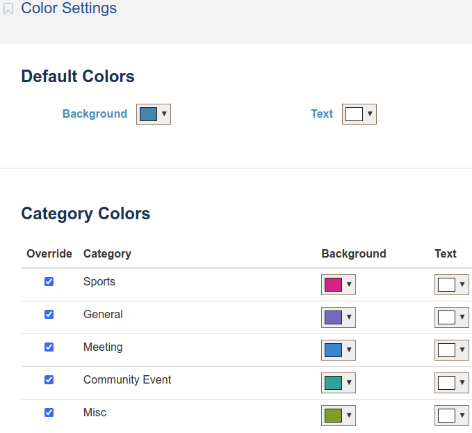 Calendar color settings page with customization