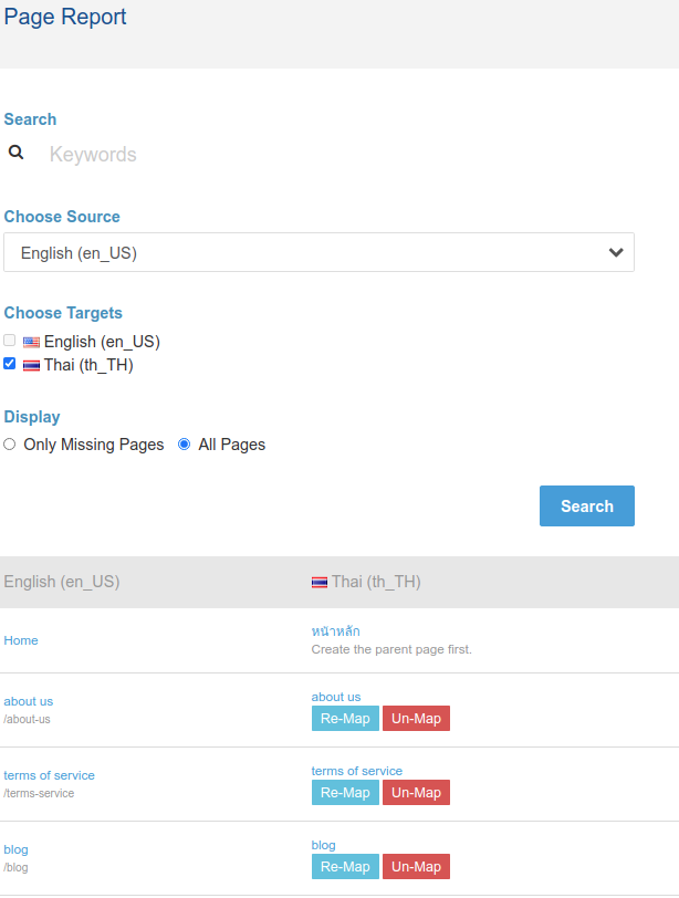 Page report showing linked pages between two locales