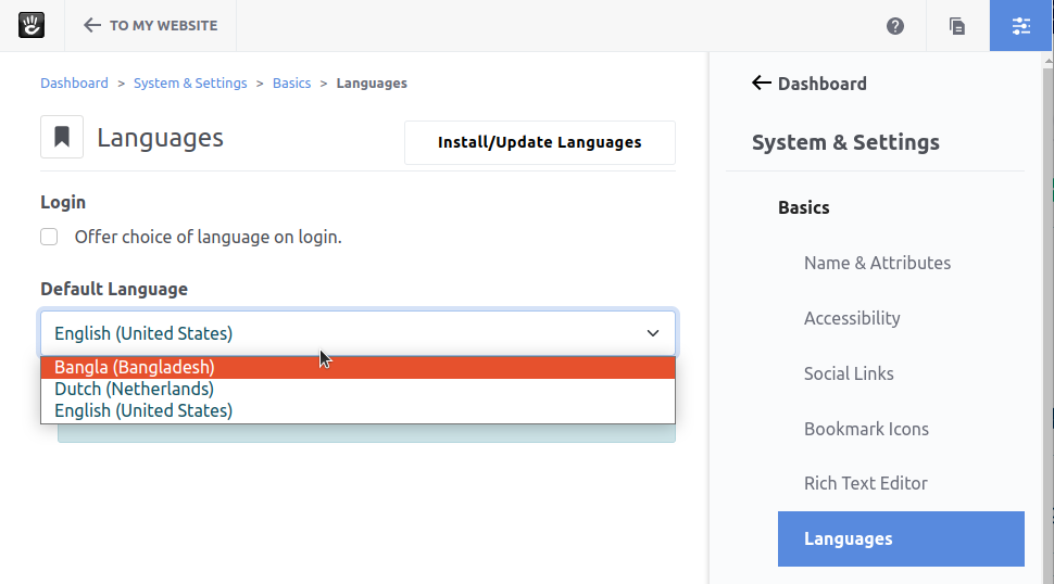 Dashboard > System & Settings > Basics > Languages page with language selection