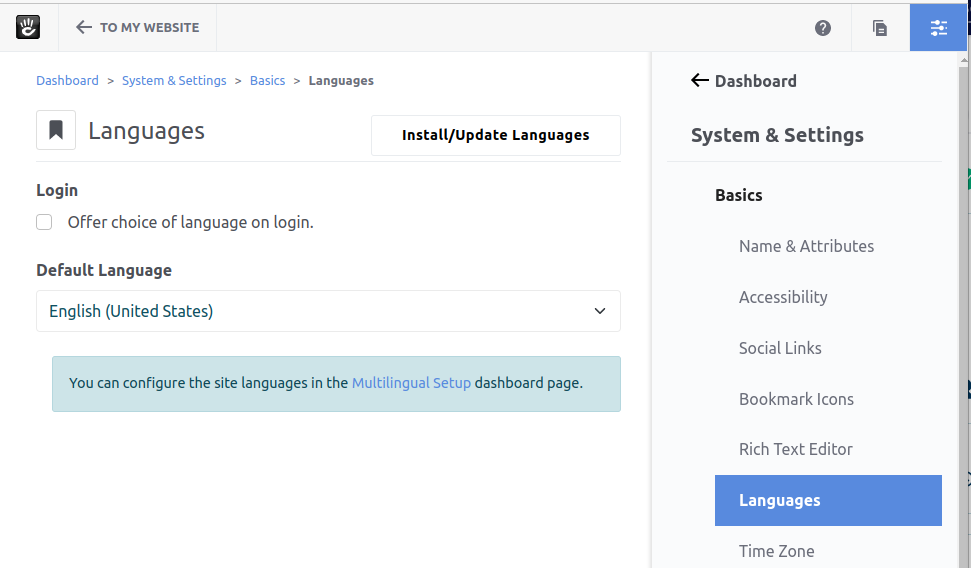 Dashboard > System & Settings > Basics > Languages page