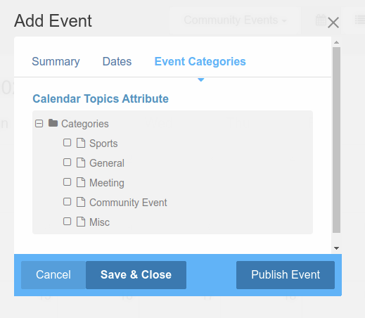 Event categories tab in add event modal