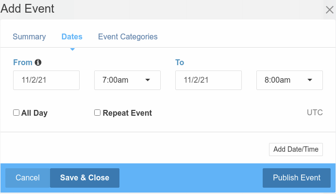 Add event modal, Dates tab