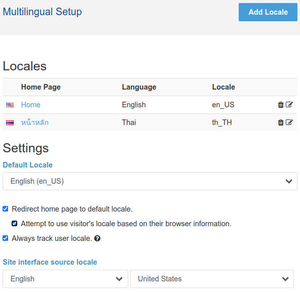 Multilingual Setup screen with two locales configured